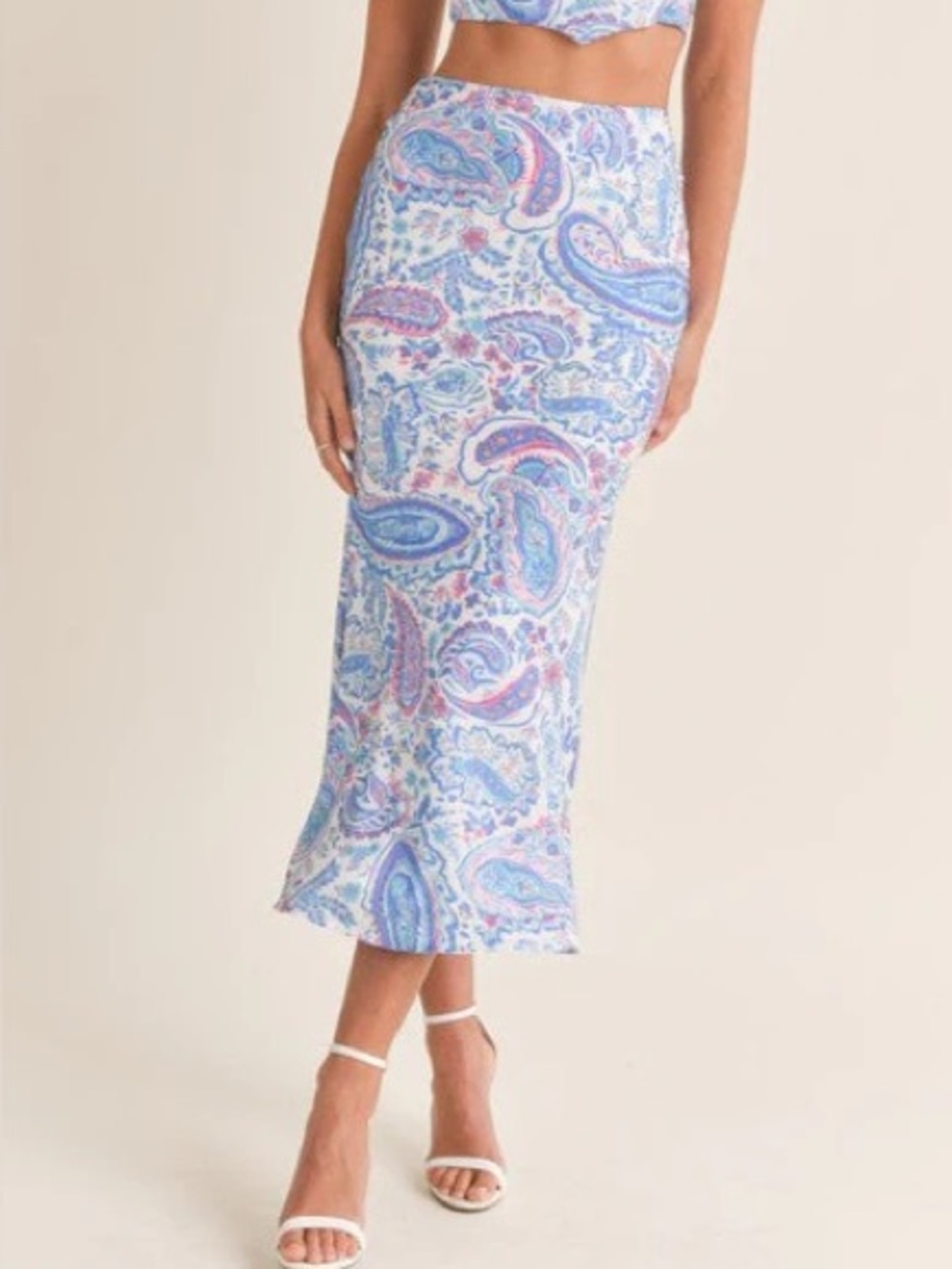 NWT Easel Blue & Pink Paisley Slip Silk Style Midi Skirt Ruffle Hem Pull-On